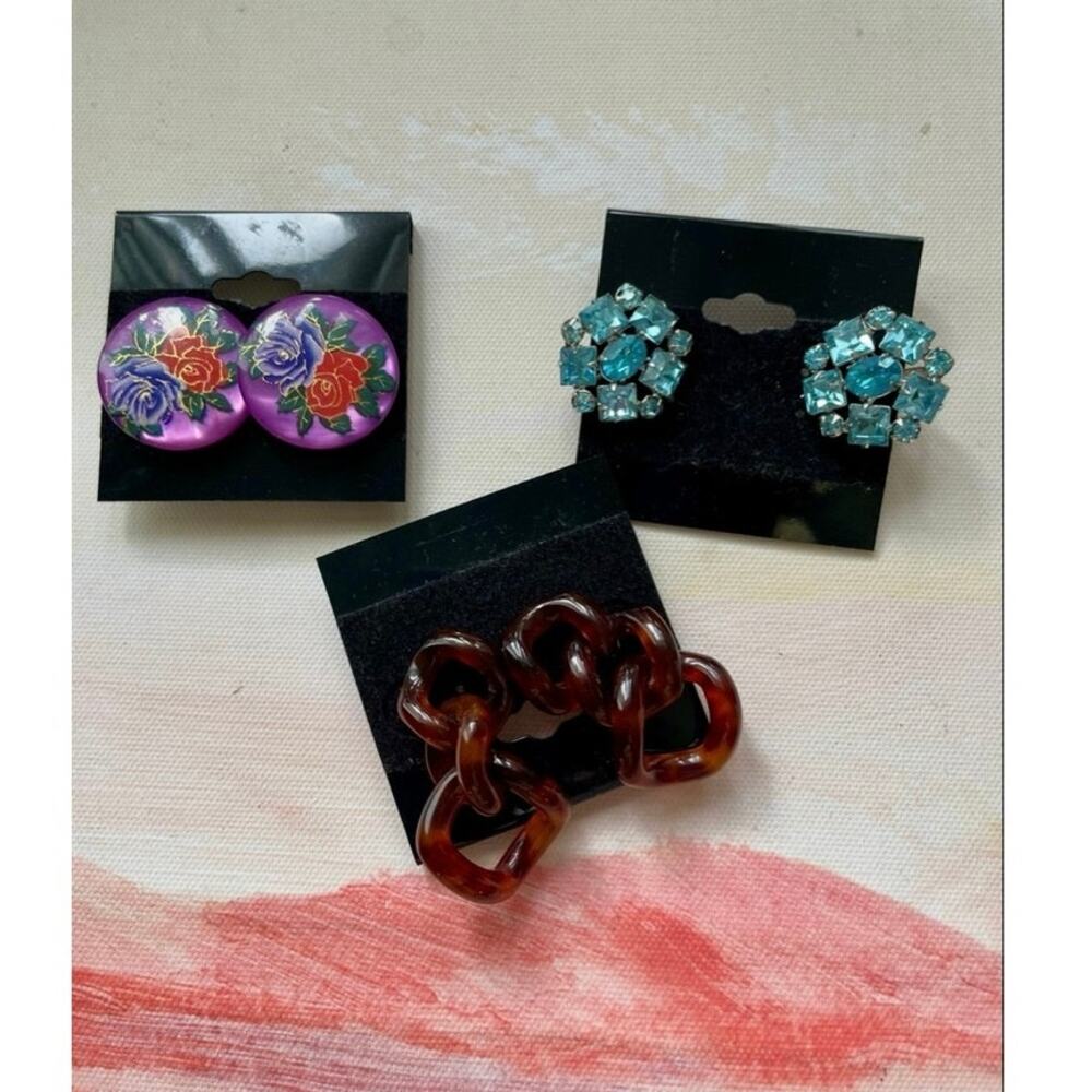 Vintage Statement Earrings Y2k Floral , Blue Rhinestone  & Tortoiseshell